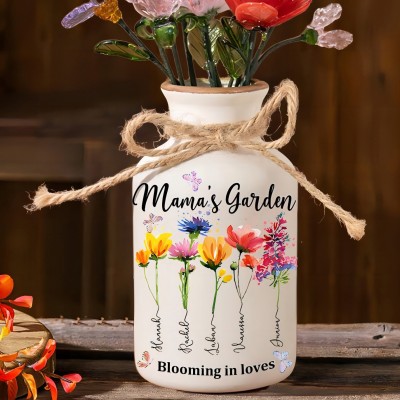 Personalised Mama's Garden Birth Month Flower Vase with Kids Names Gift Ideas for Mum Grandma New Mum Gift Mother's Day Gift