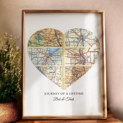 Custom Heart Shaped Adventure Map Print Frame for Couples Unique Wedding Anniversary Gifts for Husband Wife