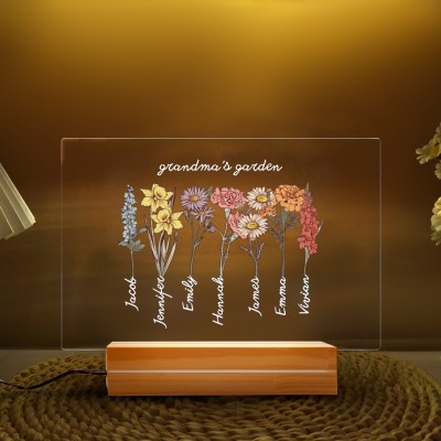 Personalised Grandma's Garden Birth Flower Night Light with Kids Names Mother's Day Gifts for Mum Grandma