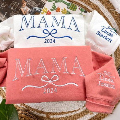 Custom Mama Embroidered Sweatshirt with Kids Names and Bow on Sleeve for Mum Grandma Mother's Day Gift Ideas