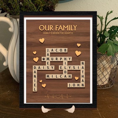 Personalised Family Crossword Scrabble Wooden Puzzle Sign with Kids Names Gifts for Mum Grandma Family Gift Mother's Day Gift