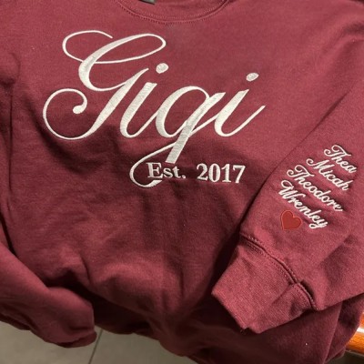 Embroidered Gigi Sweatshirt with Grandkids Names on Sleeve Custom Gifts for Gigi Mother's Day Gift Ideas