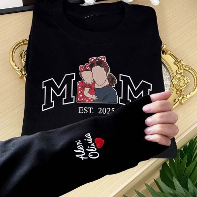 Custom Embroidered Mum Photo Portrait Sweatshirt with Kids Names on Sleeve Keepsake Gifts for Mum Unique Mother's Day Gift