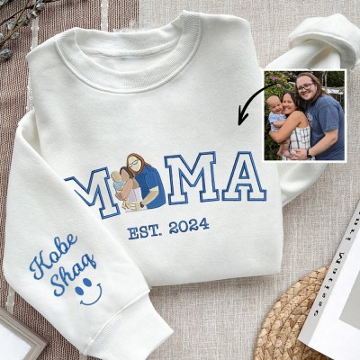 Mama Embroidered Photo Portrait Sweatshirt with Kids Names on Sleeve Custom Gifts for Mum Mother's Day Gift Ideas