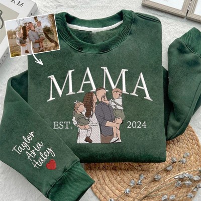 Custom Mama Embroidered Photo Portrait Sweatshirt with Kids Names on Sleeve Gifts for Mum New Mum Gift Mother's Day Gift