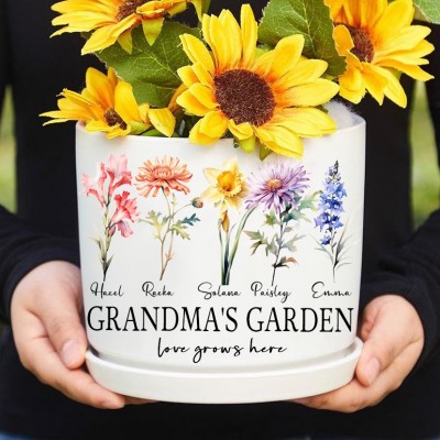 Custom Grandma's Garden Birth Month Flower Plant Pot with Grandkids Names Keepsake Gifts for Mum Grandma Mother's Day Gift