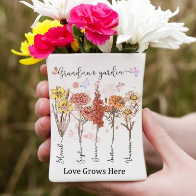 Personalised Grandma's Garden Love Grows Here Birth Flower Vase with Grandkids Names Gifts for Grandma Mum Mother's Day Gift
