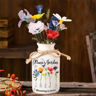 Personalised Nana's Garden Birth Month Flower Vase with Kids Names Unique Gifts for Mum Grandma Mother's Day Gift Ideas