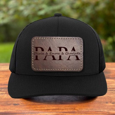 Personalised Papa Leather Patch Hat with Kids Names Gifts for Dad Grandpa Father's Day Gift Ideas
