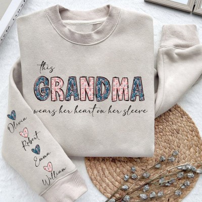 Custom This Grandma Wears Her Heart on Her Sleeve Sweatshirt with Grandkids Names on Sleeve Gifts for Grandma Mother's Day Gift