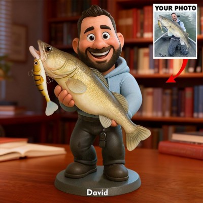 Custom Fishing Photo Portrait Cartoon Style Figurine for Him Unique Desk Decor Gifts for Fisherman Christmas Gift