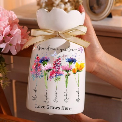 Personalised Grandma's Garden Birth Month Flower Vase with Grandkids Names Keepsake Gift for Grandma Mum Mother's Day Gifts