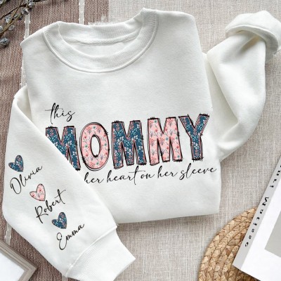 Custom This Mummy Wears Her Heart on Her Sleeve Sweatshirt with Kids Names on Sleeve New Mum Gift Mother's Day Gift Ideas