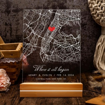 Personalised Where It All Began Location Map Night Light for Couple Our First Date Acrylic Plaque Valentine's Day Gifts for Her Him