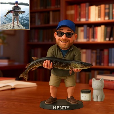 Custom 2D Fishing Photo Portrait Cartoon Style Figurine for Him Unique Desk Decor Gifts for Fisherman