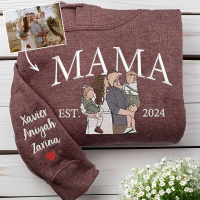 Personalised Mama Embroidered Photo Portrait Sweatshirt with Kids Names on Sleeve Gifts for Mum New Mum Gift Mother's Day Gift