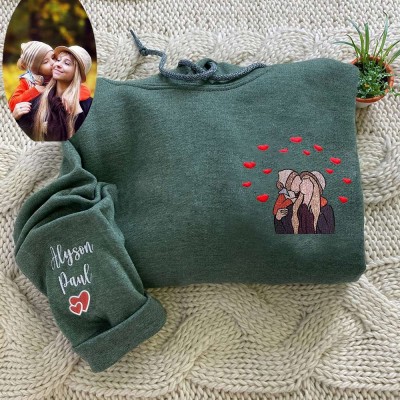 Custom Embroidered Mum Portrait Photo Sweatshirt with Kids Names on Sleeve Unique Gifts for Mum New Mum Gift Mother's Day Gift