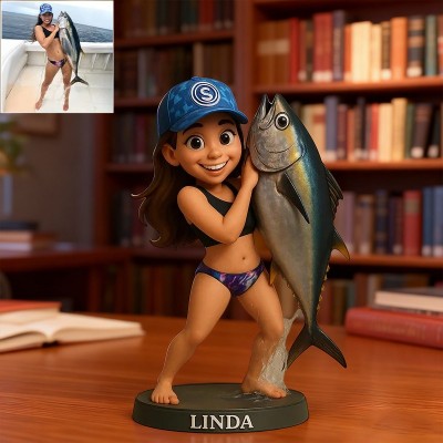 Custom 2D Fishing Photo Portrait Cartoon Style Figurine Unique Desk Decor Gifts for Fisherman