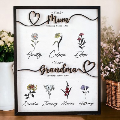 Personalised First Mum Now Grandma Birth Month Flower Frame Sign with Kids Names Gifts for Mum Grandma Mother's Day Gift