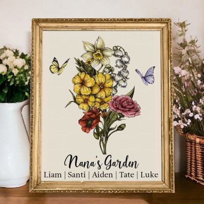 Custom Nana's Garden Birth Flower Frame with Kids Names for Mum Grandma Family Christmas Gifts