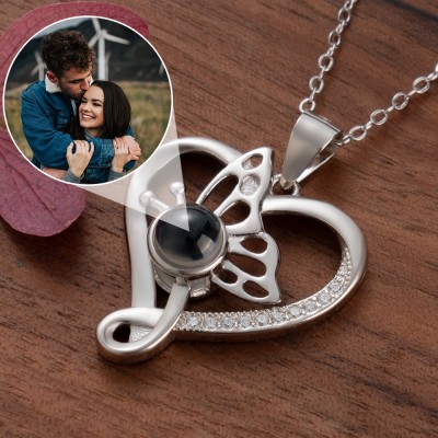 Custom Love Butterfly Photo Projection Necklace Anniversary Day Gifts For Her Couple Gift For Soulmate