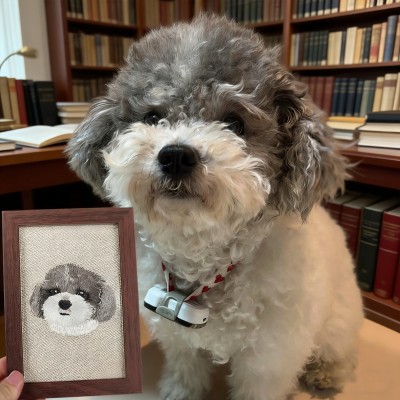 Custom Embroidered Dog & Cat Portrait – Realistic Pet Embroidery in Walnut Frame, Memorial Home Decor Art