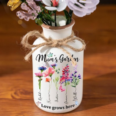 Custom Mum's Garden Birth Month Flower Vase with Kids Names Gifts for Mum Grandma Unique Mother's Day Gift