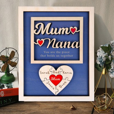 Personalised Mum Wooden Puzzle Piece Sign with Kids Names Keepsake Gifts for Mum Unique Mother's Day Gift Ideas