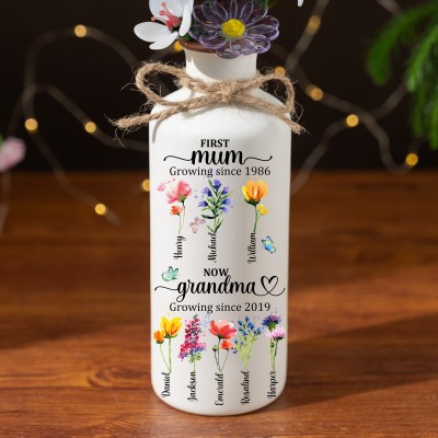 First Mum Now Grandma Birth Month Flower Vase with Kids Names Gift for Mother's Day Personalised Gifts for Mum Grandma