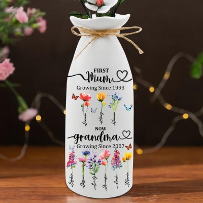 First Mum Now Grandma Birth Month Flower Vase with Kids Names Custom Gifts for Mum Grandma Mother's Day Gift