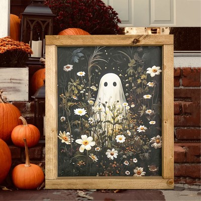 Halloween Ghost In Flower Field Print Wood Sign Unique Halloween Gifts