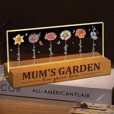 Personalised Mum's Garden Birth Flower Wood Night Light with Kids Names Unique Gifts for Mum Grandma Mother's Day Gift