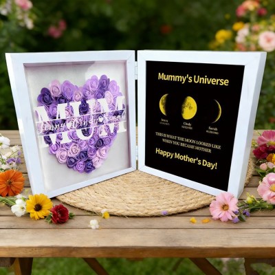 Personalised Mum Flower Shadow Box Linked with Moon Phase Frame Art Print With Kids Names Family Keepsake  for Mum Grandma Mother's Day Gift Ideas