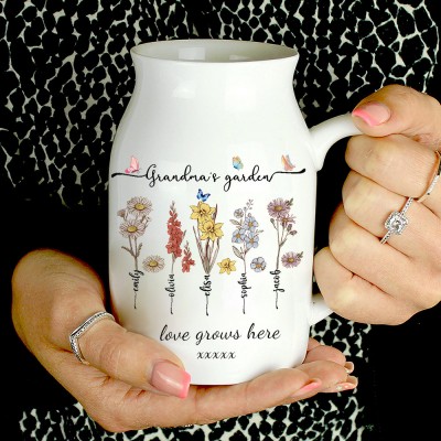 Personalised Grandma's Garden Love Grows Here Birth Flower Vase Unique Gift Ideas for Mum Grandma