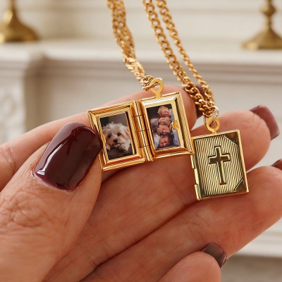 Personalized Cross Locket Necklace with Photo – Custom Engraved Memorial Jewelry, Gold Religious Keepsake
