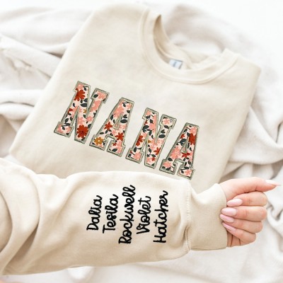 Custom Nana Embroidered Sweatshirt Hoodie with Kids Names On Sleeve Mother's Day Gift