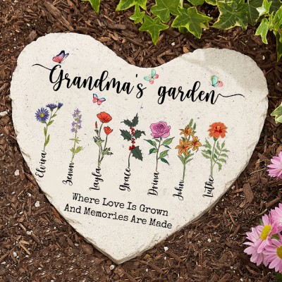 Personalised Grandma's Garden Birth Flower Heart Shape Plaque Gift For Grandma Mum Mother's Day Gift Ideas