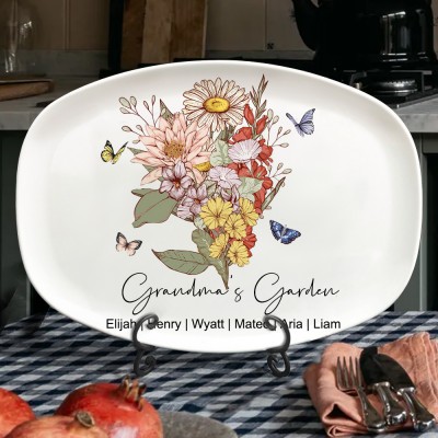 Custom Grandma's Garden Birth Flower Bouquet Plate With Grandkids Names Love Gifts For Grandma Mum Mother's Day Gift Ideas