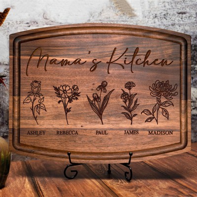 Custom Mama's Kitchen Birth Month Flower Cutting Board with Kids Names Family Gifts for Mum Grandma