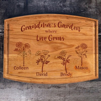 Custom Grandma's Garden Where Love Grows Birth Month Flower Cutting Board with Kids Names Gifts for Grandma Mum