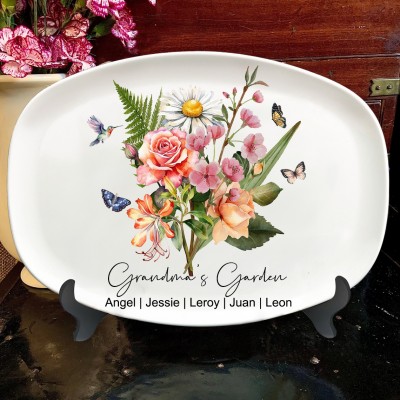 Personalised Grandma's Garden Watercolor Birth Flower Bouquet Platter Keepsake Gifts For Grandma Mum Mother's Day Gift Ideas