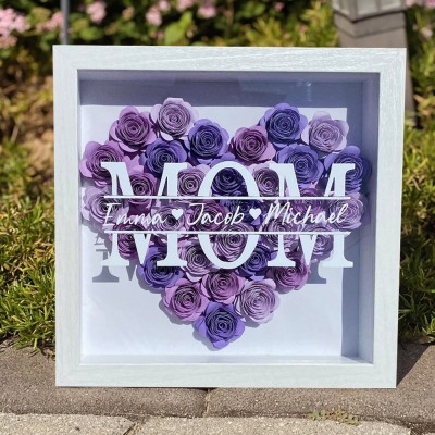 Custom Heart Shaped Mum Monogram Flower Shadow Box with Names