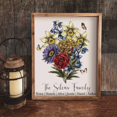 Personalised Birth Month Flower Family Bouquet Frame Sign with Kids Names for Mum Grandma Family Christmas Gift