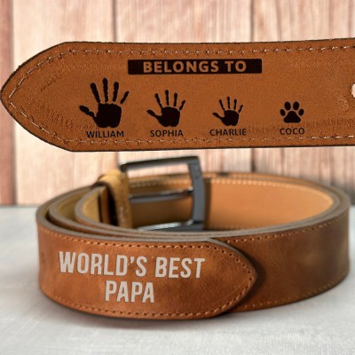 World's Best Papa Belongs To Personalised Leather Belt with Engraved Names Father's Day Gift