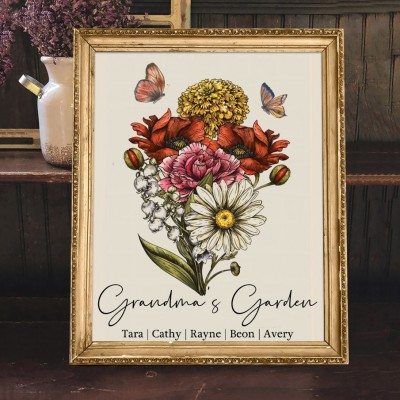 Personalised Grandma's Garden Birth Flower Bouquet with Kids Names Keepsake Gifts Christmas Gift for Grandma Mum
