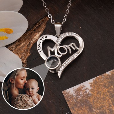 Custom Mum I Love You Heart Shaped Photo Projection Necklace With Picture Inside Unique Gift For New Mum