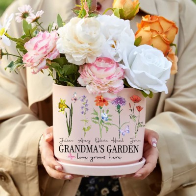 Personalised Grandma's Garden Love Grows Here Birth Flower Pot With Grandkids Names Unique Mother's Day Gift Ideas