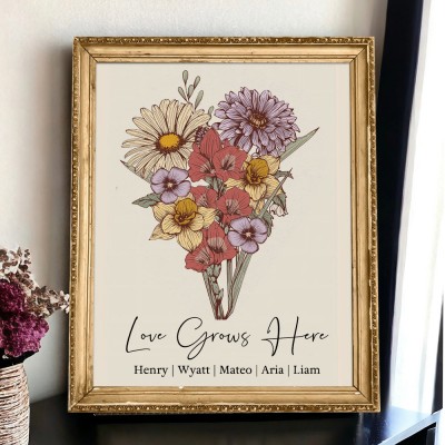 Custom Art Print Love Grows Here Birth Flower Bouquet Frame Unique Gifts for Mum Grandma Christmas Gift