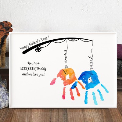 Custom Art Print Fishing Handprint Frame With Kids Names Unique Gift For Dad Father's Day GIft Ideas