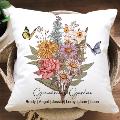 Custom Grandma's Garden Birth Flower Bouquet Pillow With Grandkids Names Unique Gift Ideas For Mum Grandma Mother's Day Gift